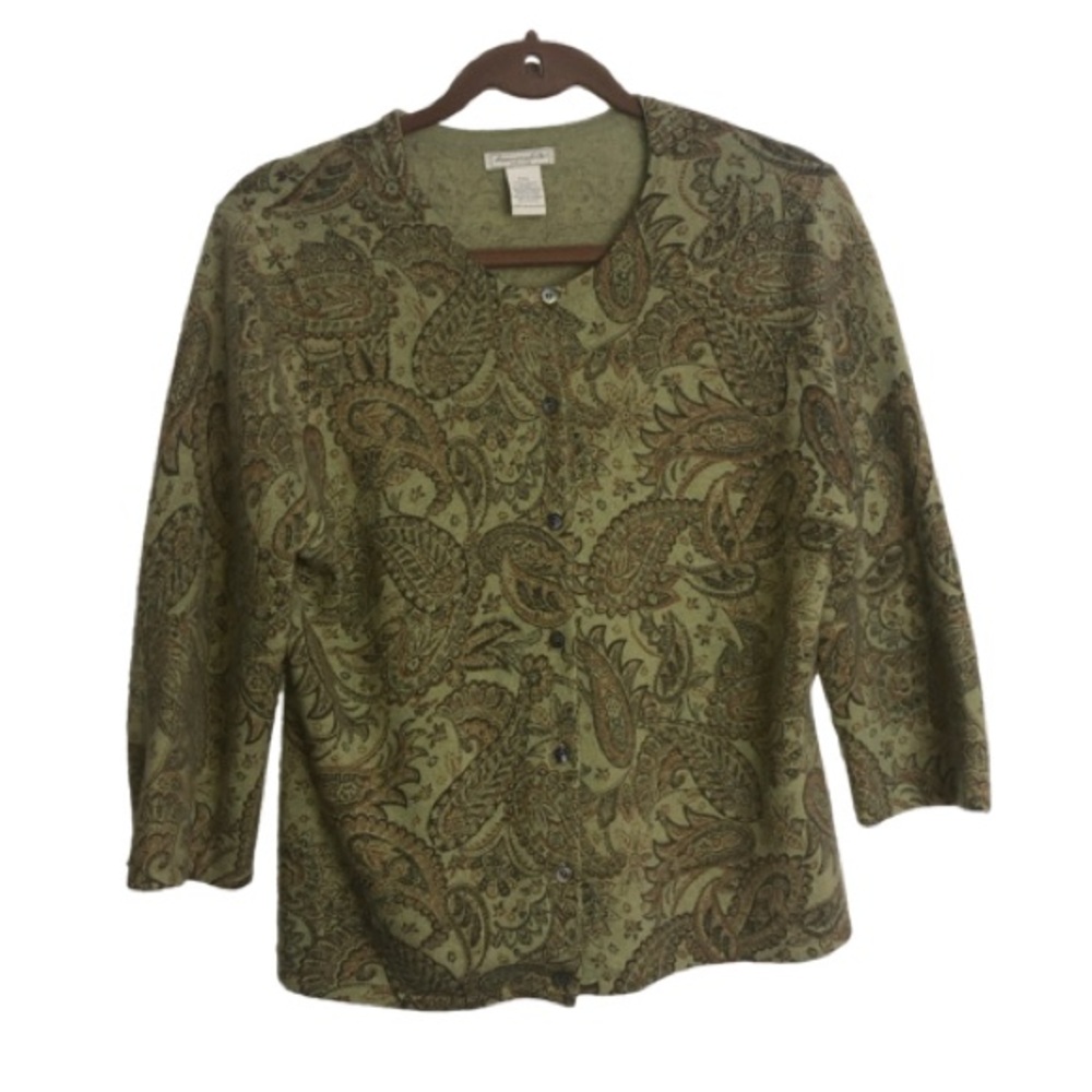 Deane & White Button Front Sweater Paisley Print Olive Green  Vintage Wool